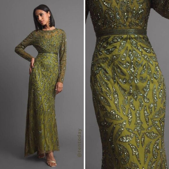 Mac Duggal 5124 Size 16 Olive Green Beaded Long Sleeve Evening Gown Maxi Dress - Picture 1 of 6